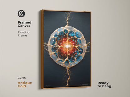 Antique gold framed generative galaxy wall art. The abstract cosmic artwork is ready to hang. Featuring blue gold and orange hues this cell print will enhance any space. A perfect modern piece. It's a unique stargazing gift or sci-fi office decor. Enjoy the contemporary style and celestial motif.
