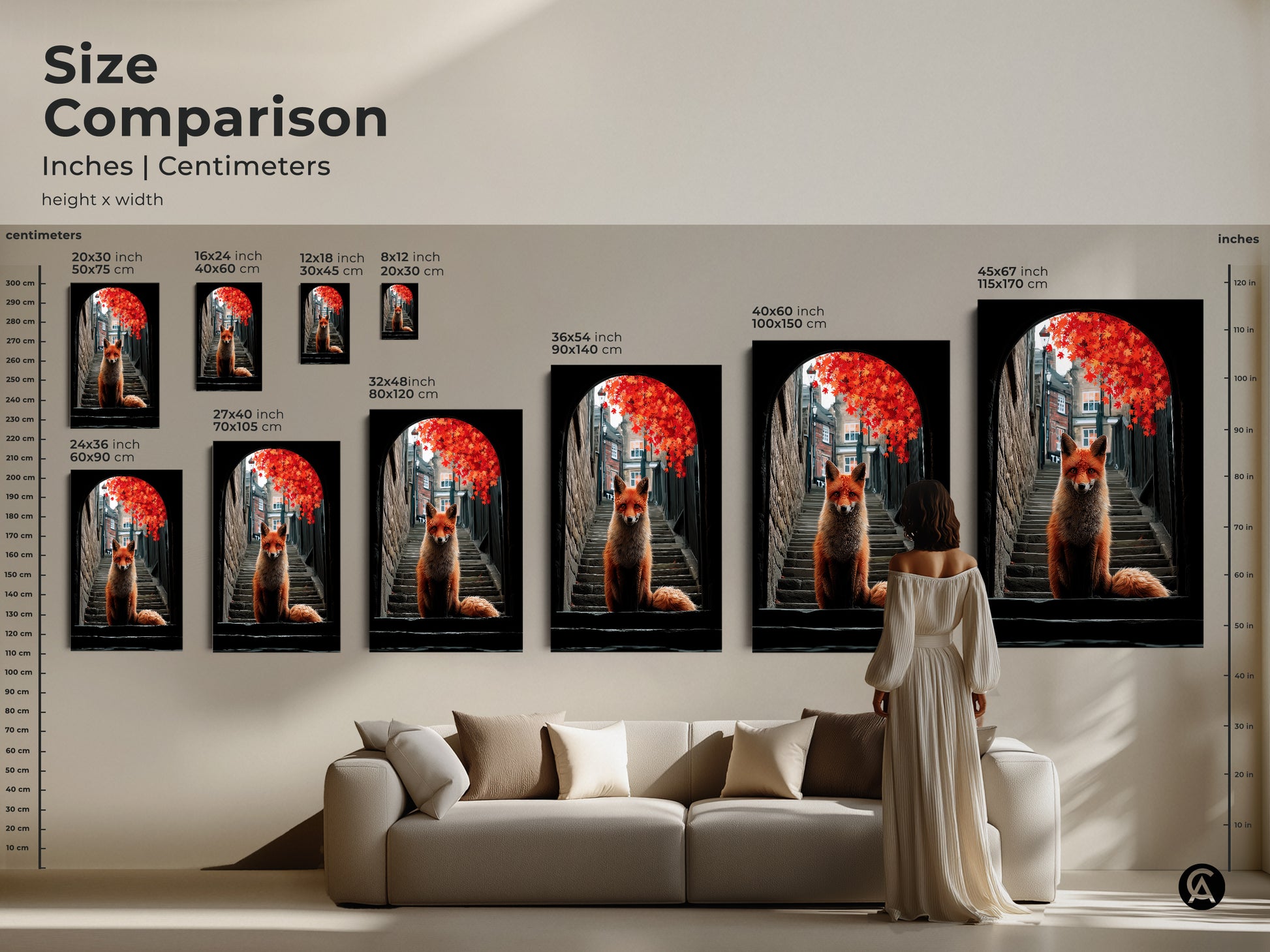 This size comparison shows how our fox art will transform your space. A fox sits on steps among red leaves. Our urban nature canvas options range from small prints to large statement pieces. Find the ideal fit for your entry hall or living room wall decor.