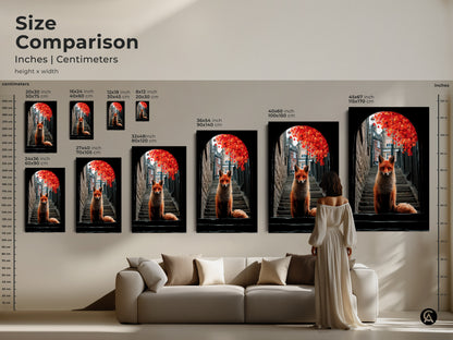 This size comparison shows how our fox art will transform your space. A fox sits on steps among red leaves. Our urban nature canvas options range from small prints to large statement pieces. Find the ideal fit for your entry hall or living room wall decor.