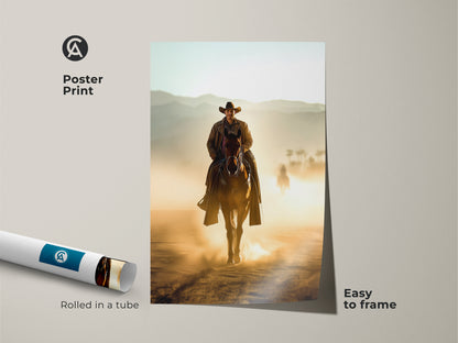 Poster print of a Western cowboy on horseback. This rustic artwork is rolled in a tube and easy to frame. The tan and brown landscape adds a western touch to any room. Ideal for a housewarming or man cave decor.