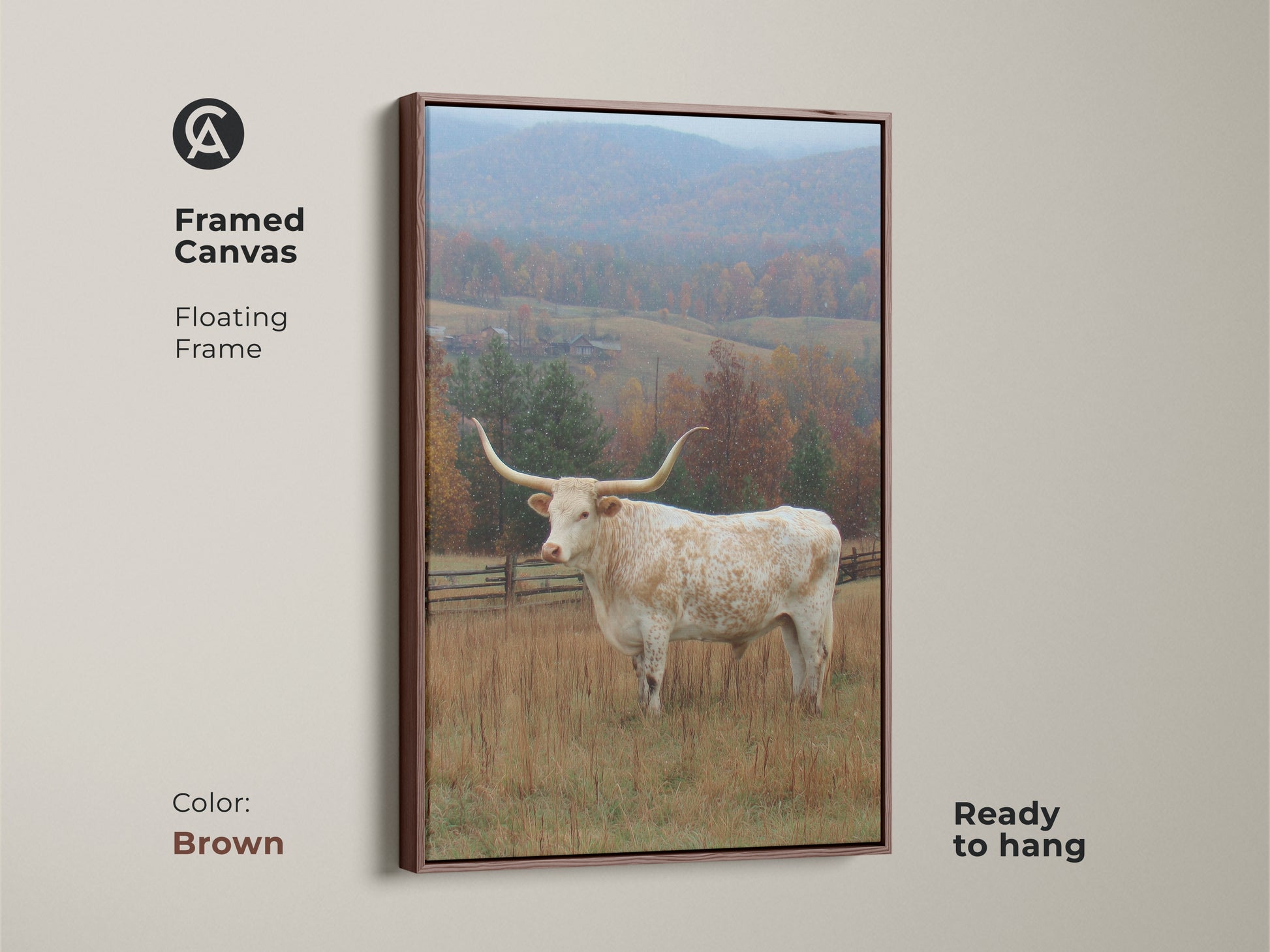 Framed canvas art featuring a Longhorn in a field. The canvas has a floating brown frame. Ready to hang and enjoy. The artwork captures a striking white Longhorn with long horns. The background is a scenic autumn landscape.
