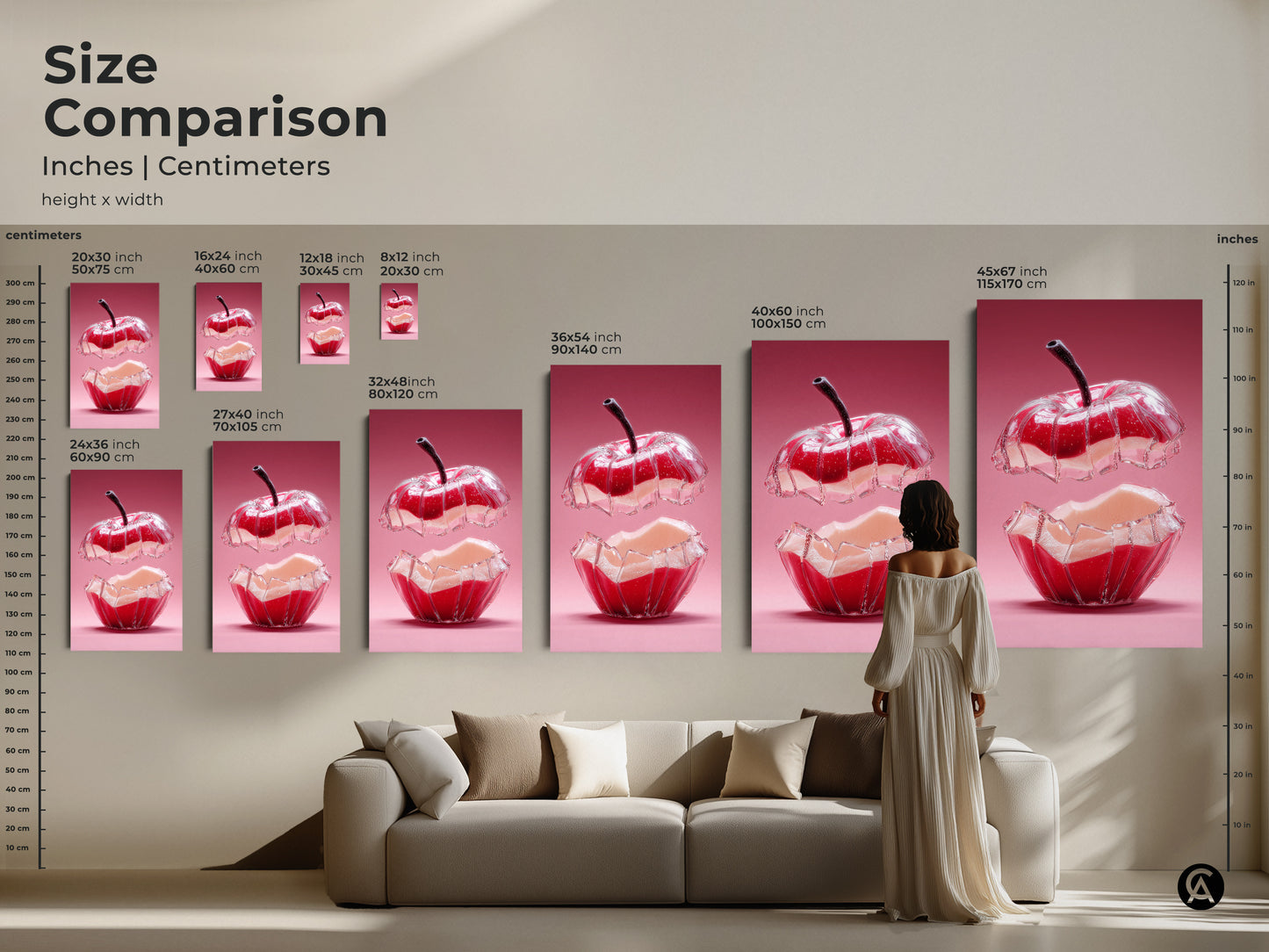 Size comparison of abstract apple art prints. See how the artwork fits above furniture. Available in multiple sizes as canvas or poster. Ideal modern kitchen wall art. Choose the perfect size for your foodie gift. This surreal pink art enhances any home decor.