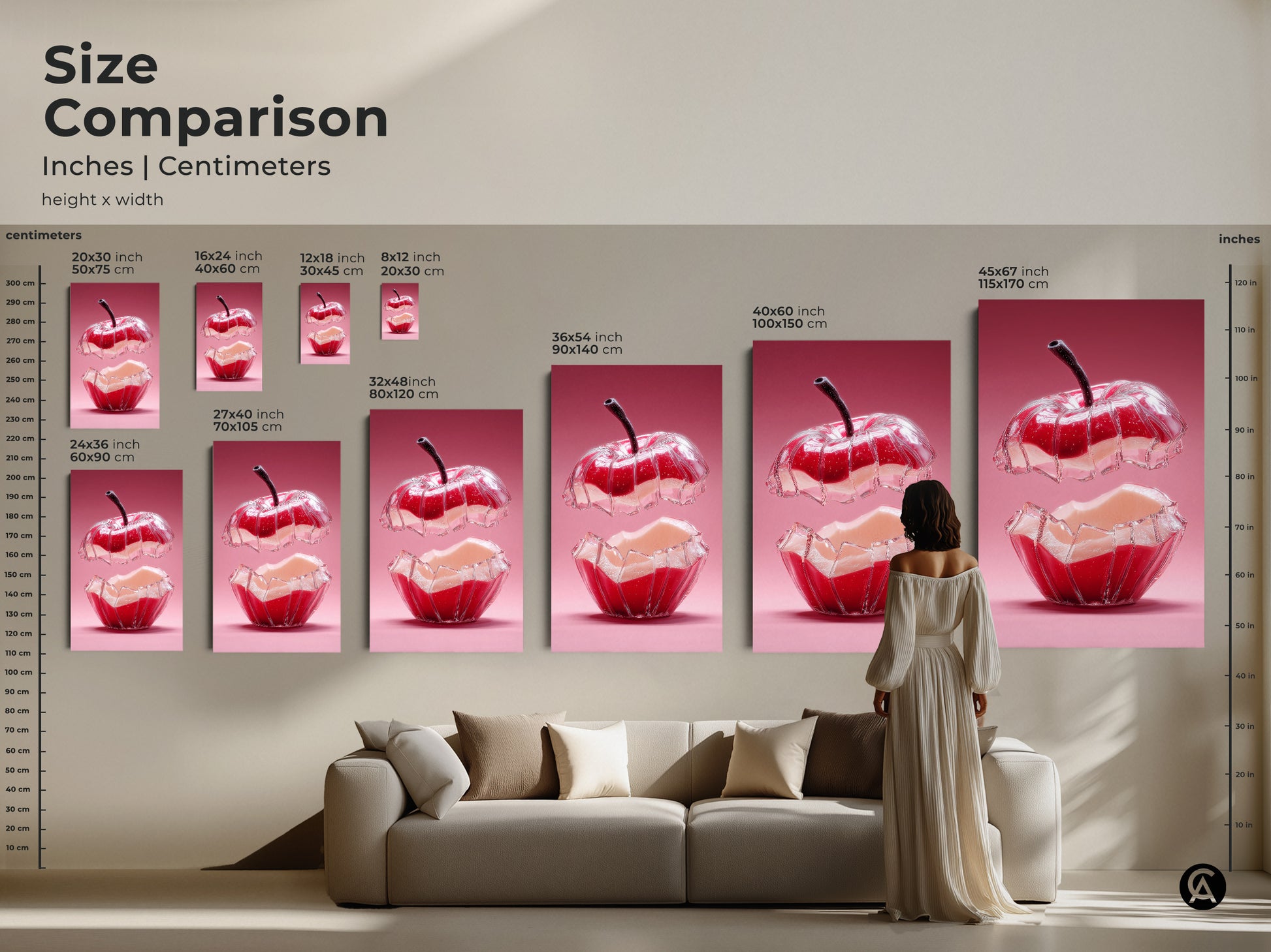 Size comparison of abstract apple art prints. See how the artwork fits above furniture. Available in multiple sizes as canvas or poster. Ideal modern kitchen wall art. Choose the perfect size for your foodie gift. This surreal pink art enhances any home decor.