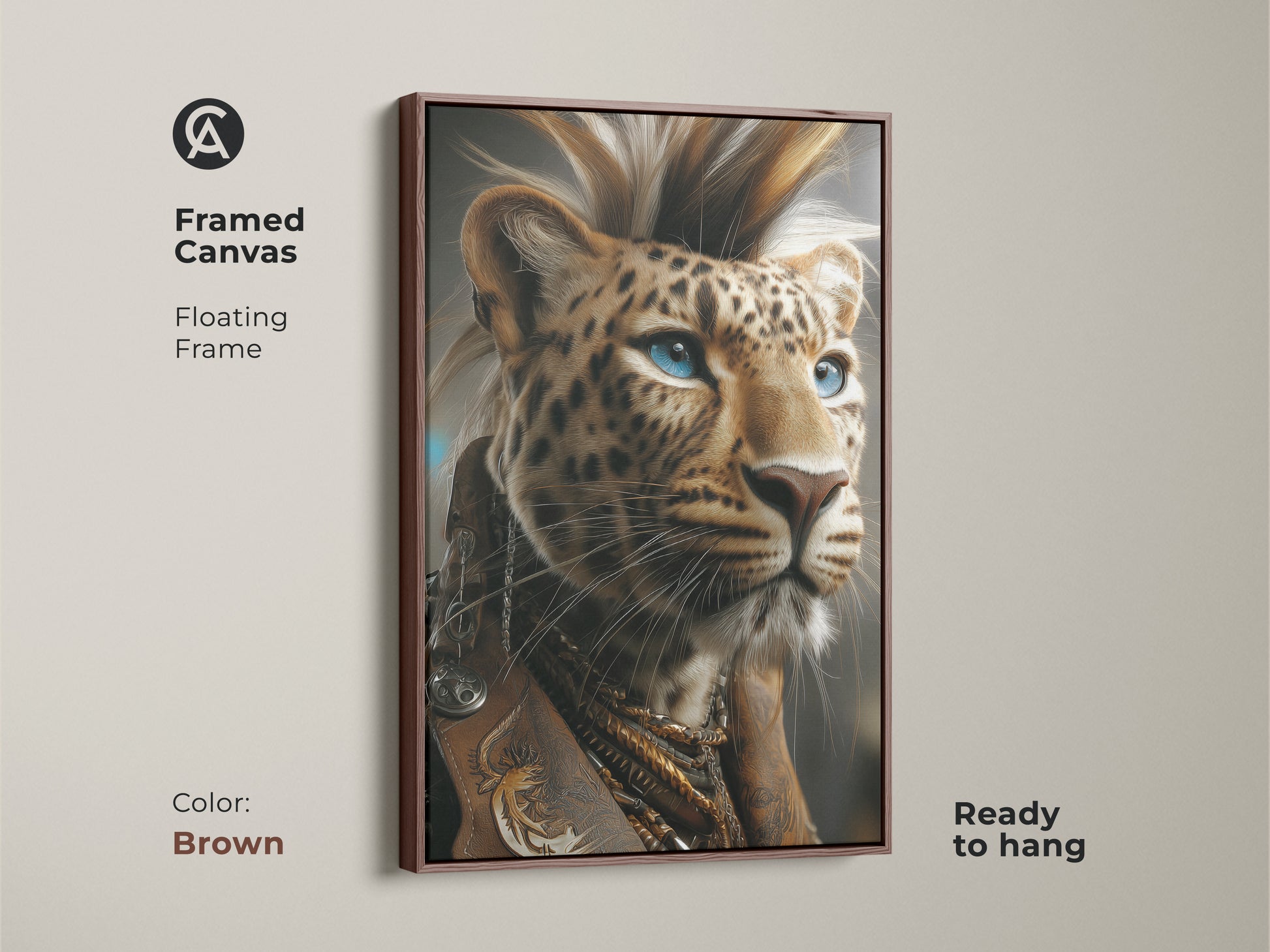 Framed fantasy Leopard art canvas. The brown floating frame offers a warm accent. An ideal animal lover gift. It is ready to hang wild cat artwork for the home or office. 