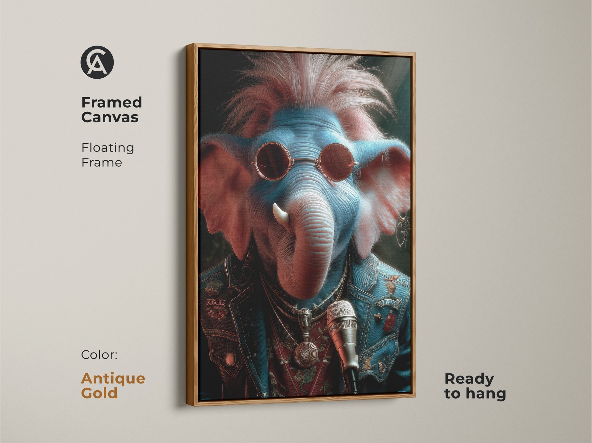 This canvas is framed in antique gold. It showcases a rockstar elephant in punk rock attire. Ready to hang it adds an eclectic touch to any room. It's a unique wall art gift. This piece will look great in a music room or man cave.