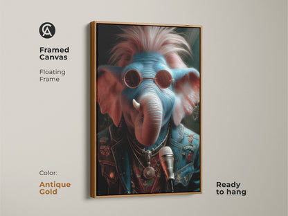 This canvas is framed in antique gold. It showcases a rockstar elephant in punk rock attire. Ready to hang it adds an eclectic touch to any room. It's a unique wall art gift. This piece will look great in a music room or man cave.