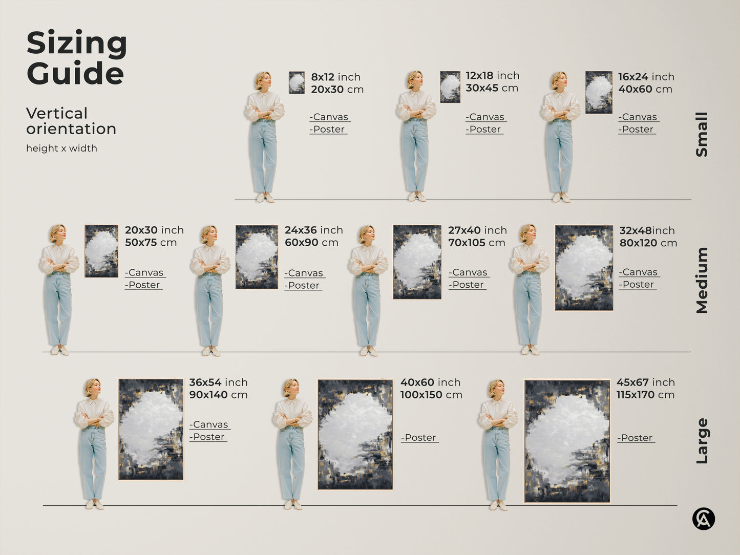Sizing guide for vertical abstract canvas art prints. See how charcoal grey and gold artwork fits various wall sizes. Visualize small medium and large options with a person for scale. Find the perfect size to enhance your living room bedroom or office with contemporary art.