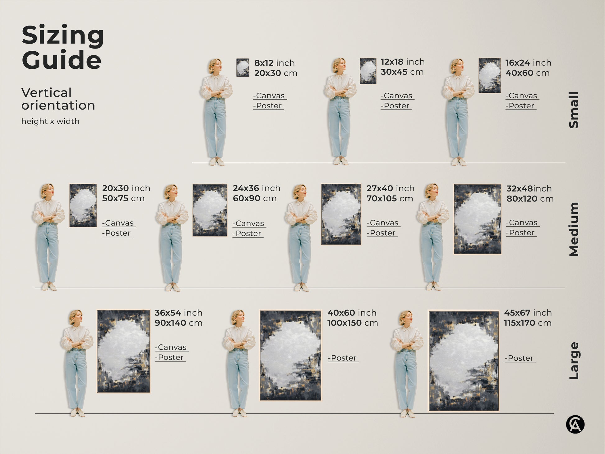 Sizing guide for vertical abstract canvas art prints. See how charcoal grey and gold artwork fits various wall sizes. Visualize small medium and large options with a person for scale. Find the perfect size to enhance your living room bedroom or office with contemporary art.