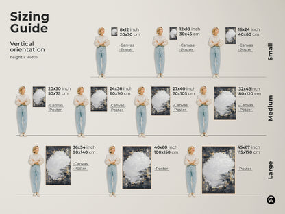 Sizing guide for vertical abstract canvas art prints. See how charcoal grey and gold artwork fits various wall sizes. Visualize small medium and large options with a person for scale. Find the perfect size to enhance your living room bedroom or office with contemporary art.