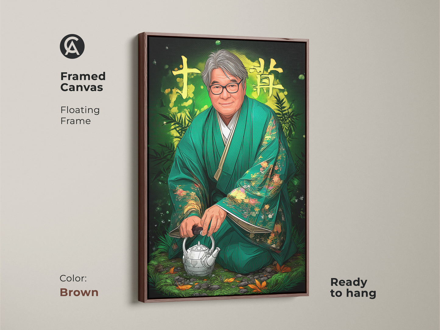 Framed canvas of a digital portrait wall art featuring a Japanese man in emerald green kimono. It's a ready to hang zen teapot canvas print with a floating brown frame. The cultural Asian art print would be great eclectic home decor art.