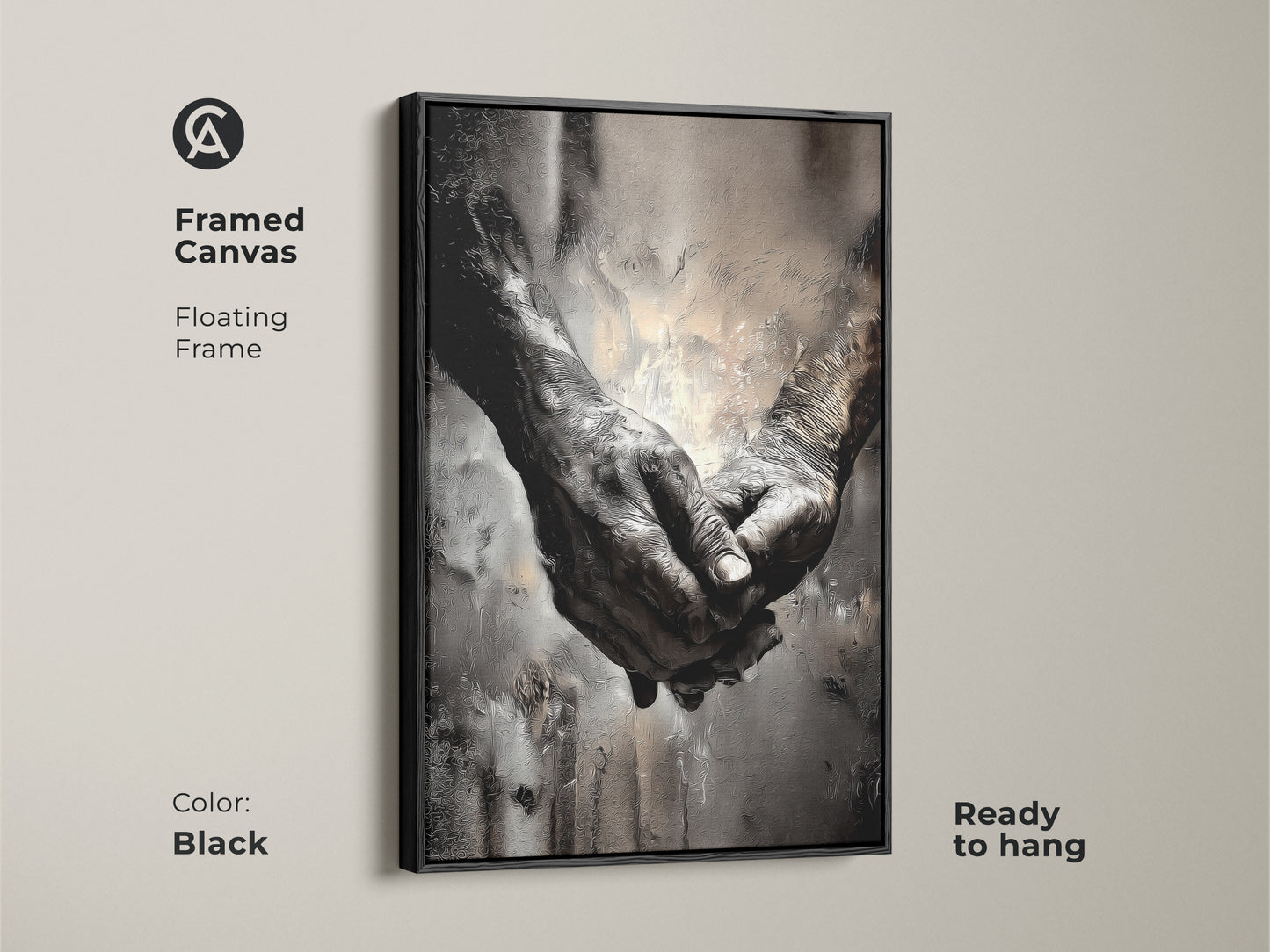 Black framed canvas with monochrome elderly hands. Floating frame contemporary artwork symbolizing human connection and empathy. Its ready to hang in your bedroom. This makes a great anniversary gift.