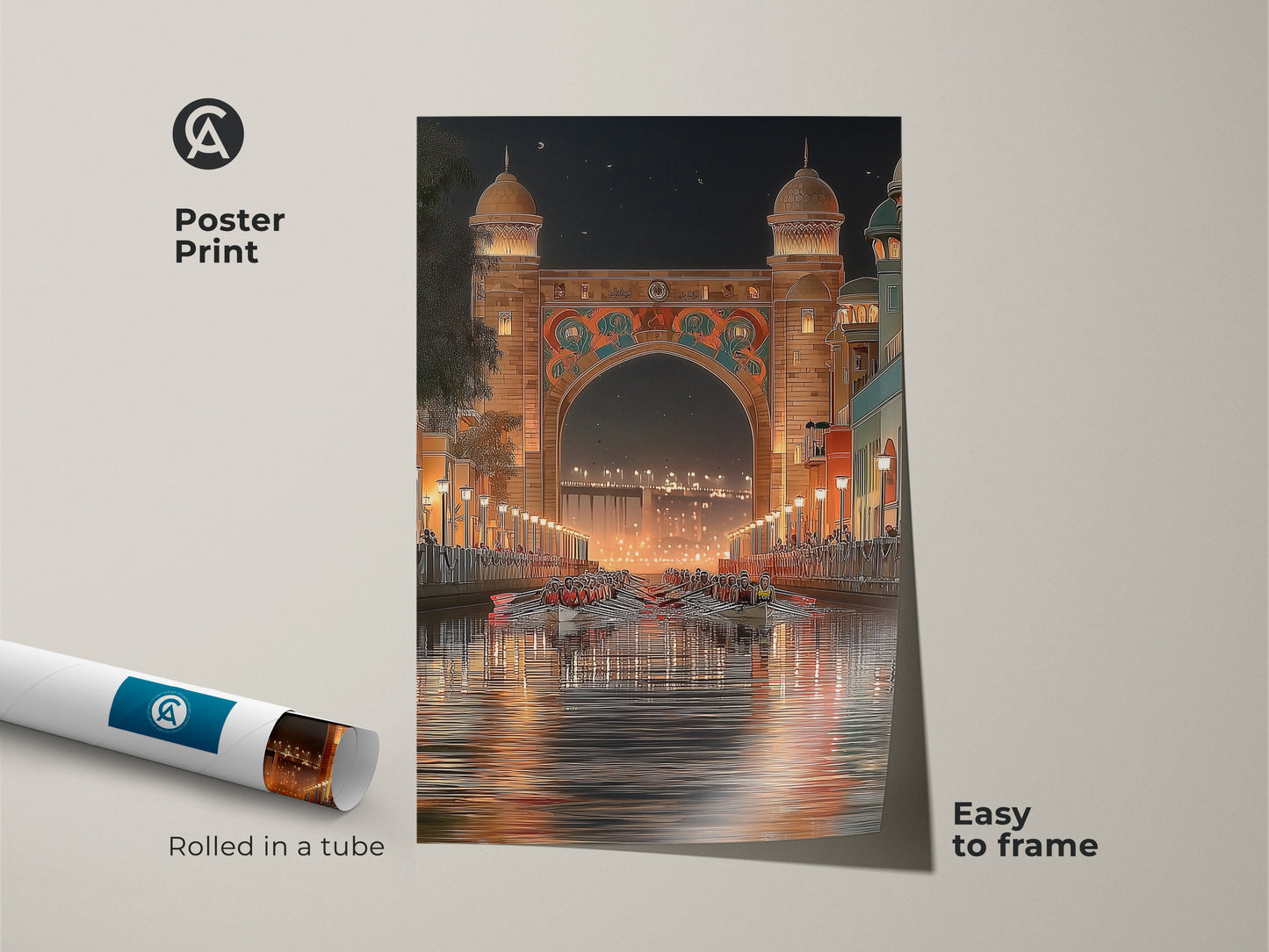 Poster print displays an Art Deco night scene with an archway and rowing boats. The orange gold teal artwork is easy to frame. This print adds an eclectic touch to any room. Rolled in a tube. Its illustrative architecture suits residential or office spaces well.