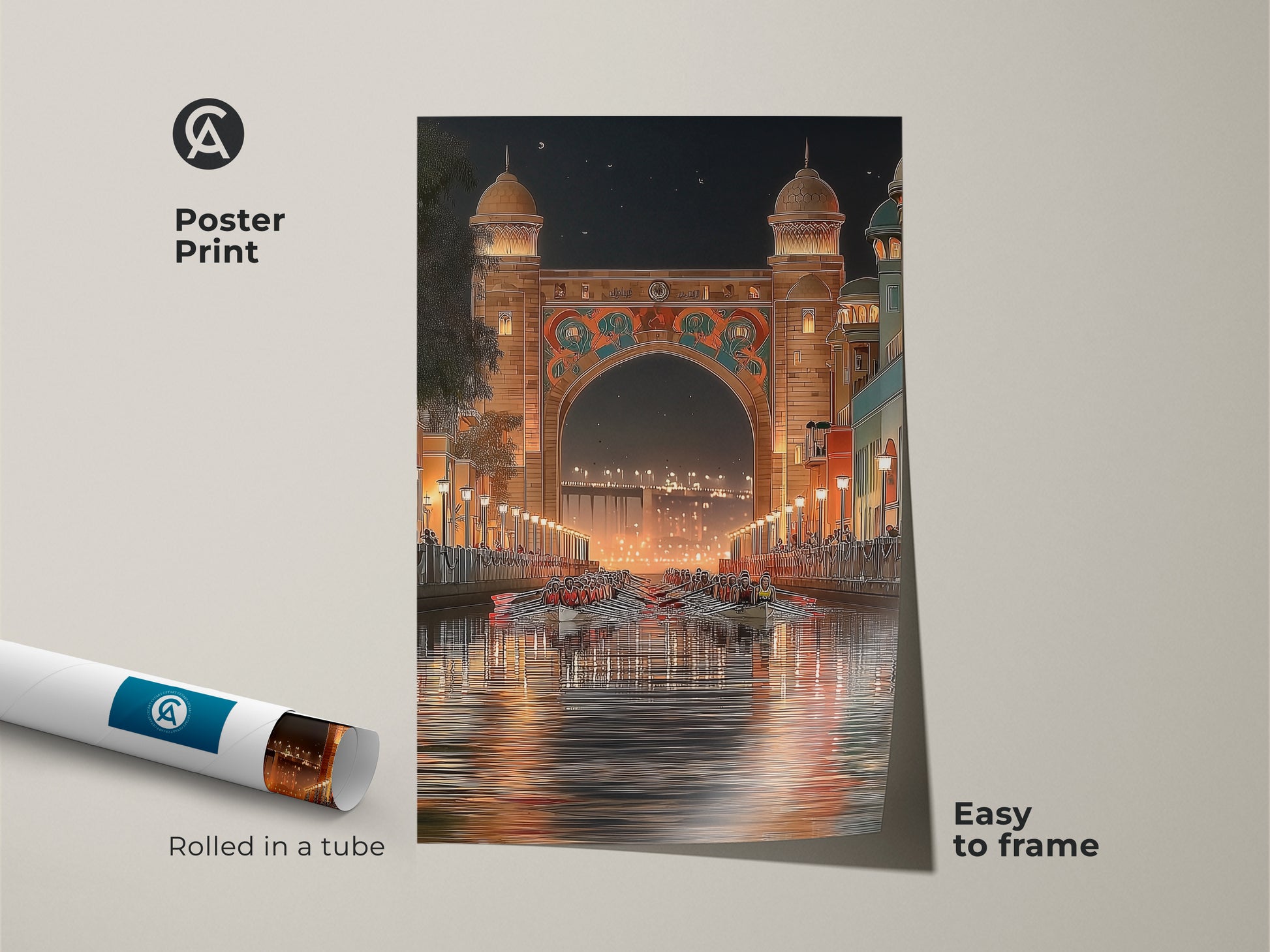 Poster print displays an Art Deco night scene with an archway and rowing boats. The orange gold teal artwork is easy to frame. This print adds an eclectic touch to any room. Rolled in a tube. Its illustrative architecture suits residential or office spaces well.
