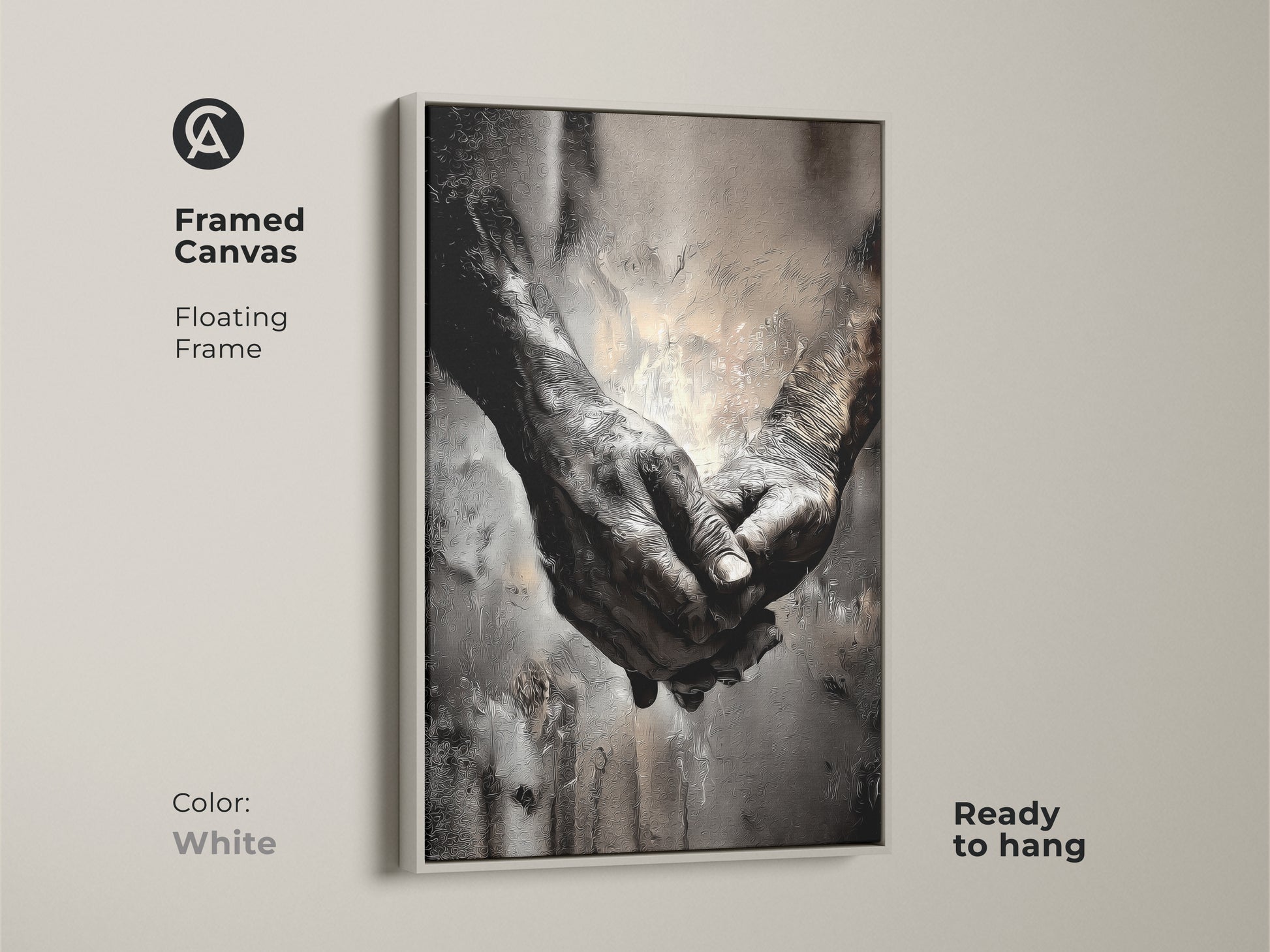 White framed canvas of intertwined elderly hands. This monochrome abstract artwork symbolizes human connection and empathy. Its ready to hang and makes a great anniversary gift or bedroom decor.