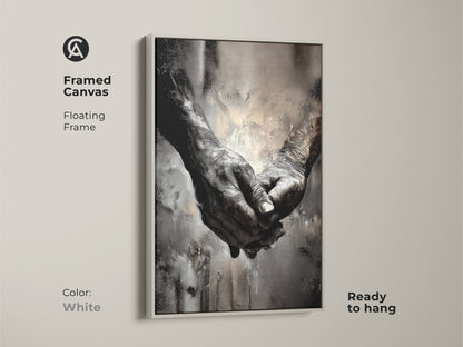 White framed canvas of intertwined elderly hands. This monochrome abstract artwork symbolizes human connection and empathy. Its ready to hang and makes a great anniversary gift or bedroom decor.