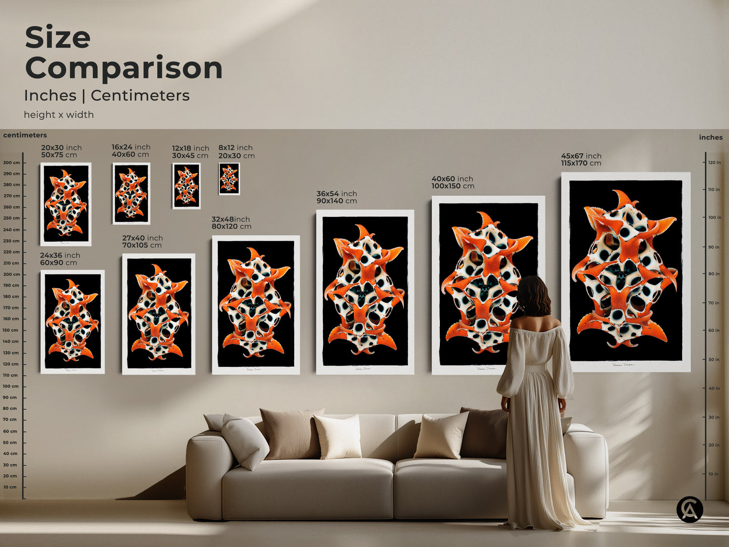 Size comparison of the artwork in inches and centimeters. The artwork is showcased in various sizes. See how the sizes complement a living room. The perfect focal point for a contemporary home.