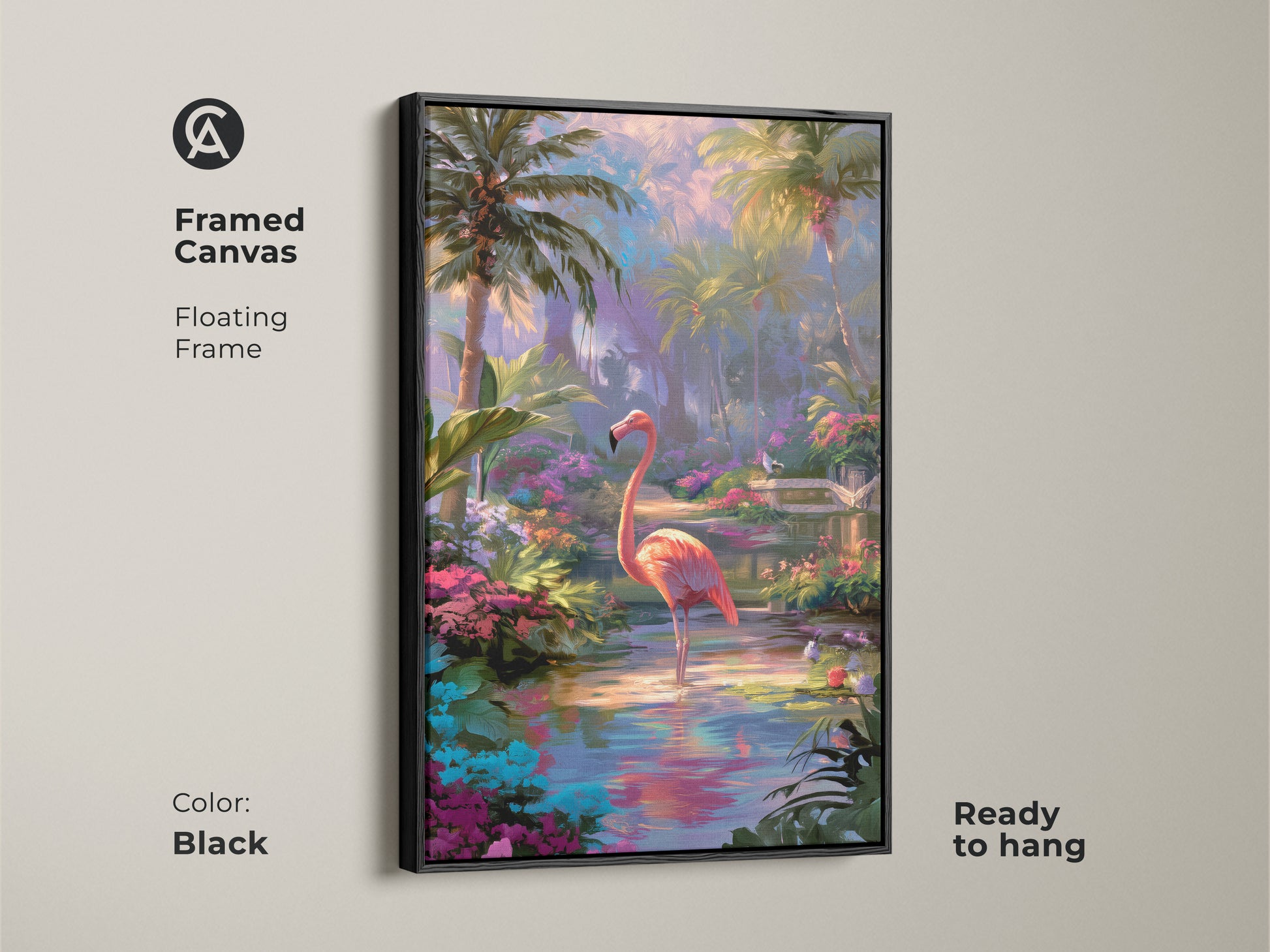 Framed canvas of a flamingo wall art. It features a floating black frame. It's ready to hang. This tropical paradise canvas art is perfect for a beach house. The vibrant floral art print adds a jungle theme.