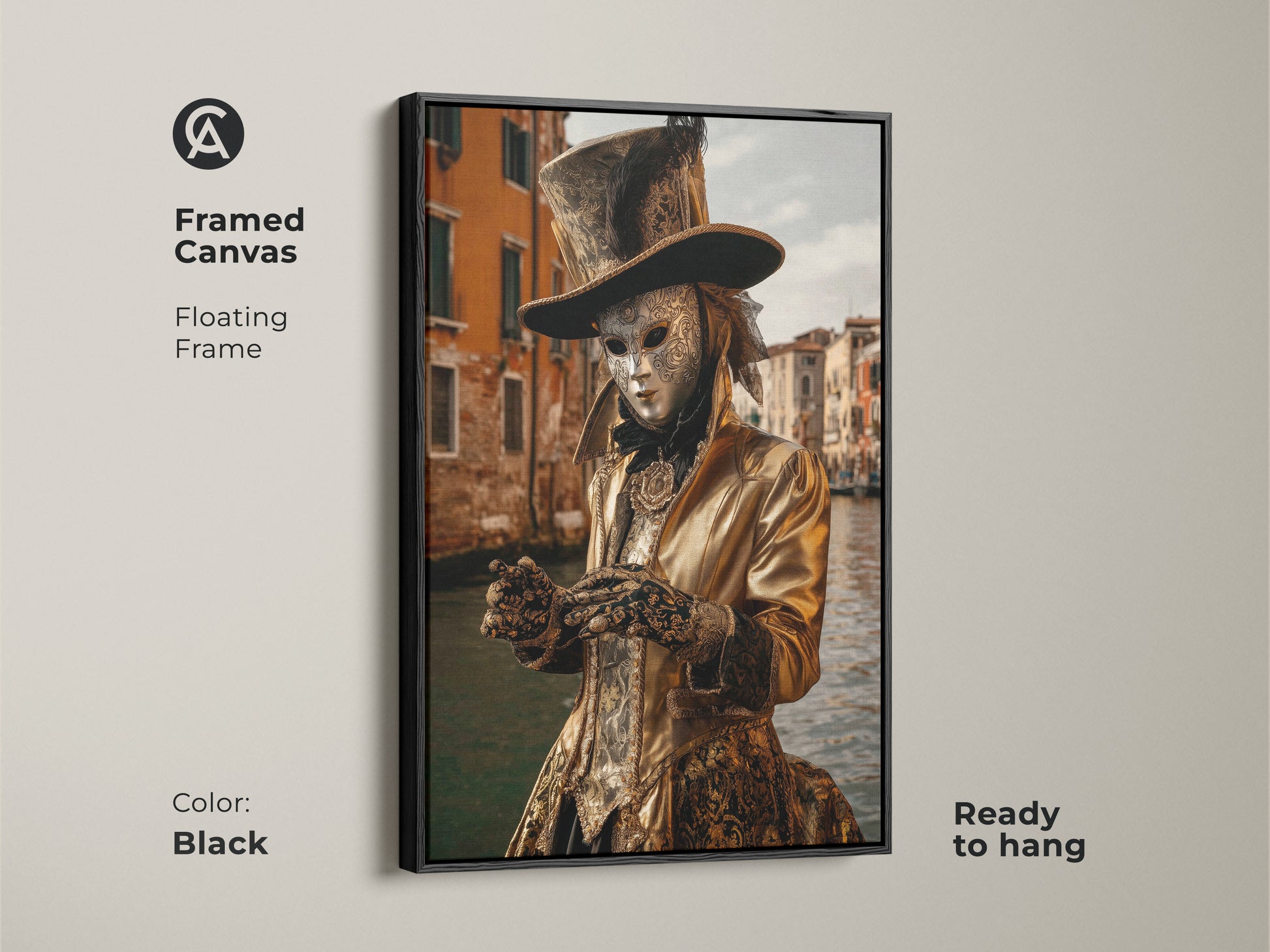 The framed canvas displays a Venice Carnival gold costume with a Venetian mask. The floating black frame is ready to hang. The theatrical artwork enhances eclectic rooms. An ideal travel inspired art print.