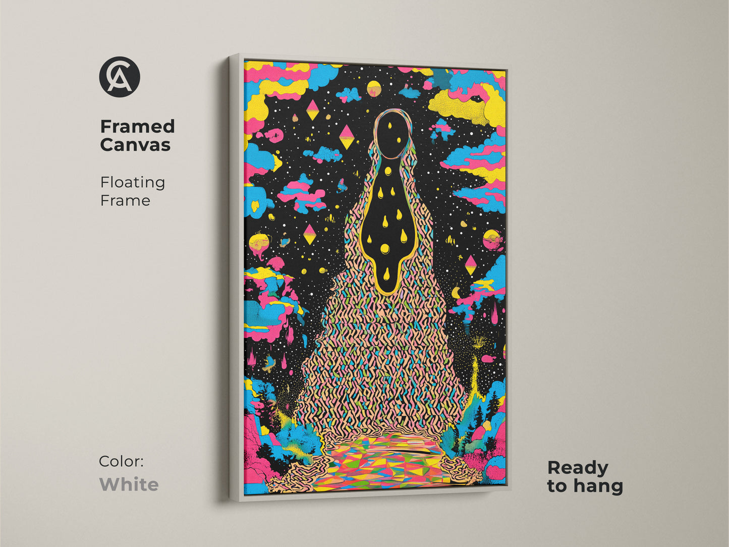 Framed canvas featuring psychedelic wall art in a white floating frame. This abstract landscape print showcases surreal cosmic art. The colorful figure art is ready to hang making it perfect for eclectic decor. The yellow blue and black canvas adds a vibrant touch. Its an artistic figure painting makes it a trippy wall art.