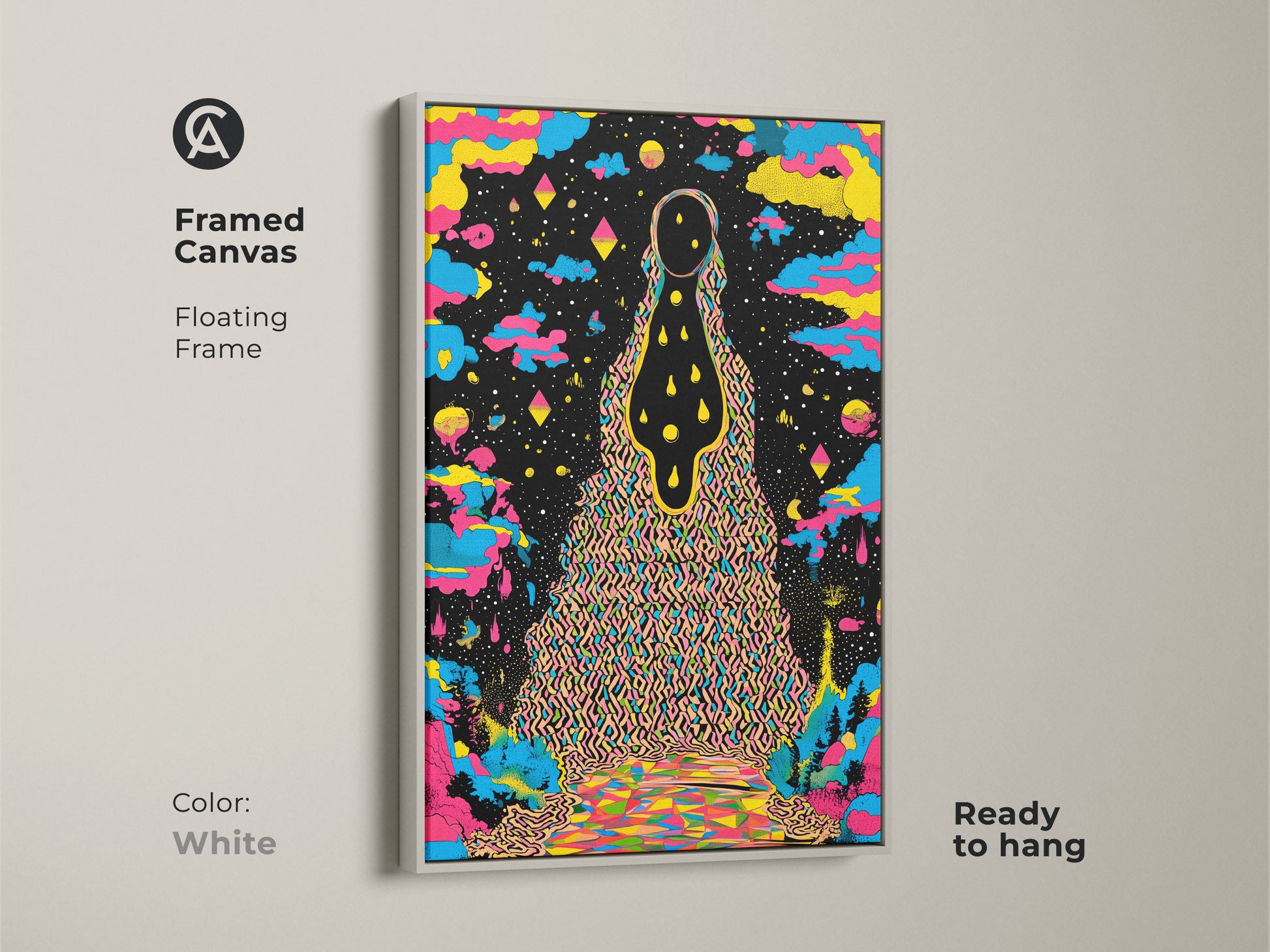 Framed canvas featuring psychedelic wall art in a white floating frame. This abstract landscape print showcases surreal cosmic art. The colorful figure art is ready to hang making it perfect for eclectic decor. The yellow blue and black canvas adds a vibrant touch. Its an artistic figure painting makes it a trippy wall art.