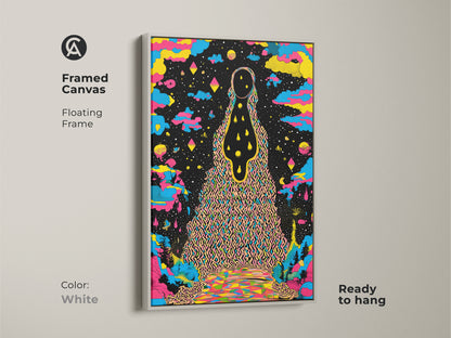 Framed canvas featuring psychedelic wall art in a white floating frame. This abstract landscape print showcases surreal cosmic art. The colorful figure art is ready to hang making it perfect for eclectic decor. The yellow blue and black canvas adds a vibrant touch. Its an artistic figure painting makes it a trippy wall art.