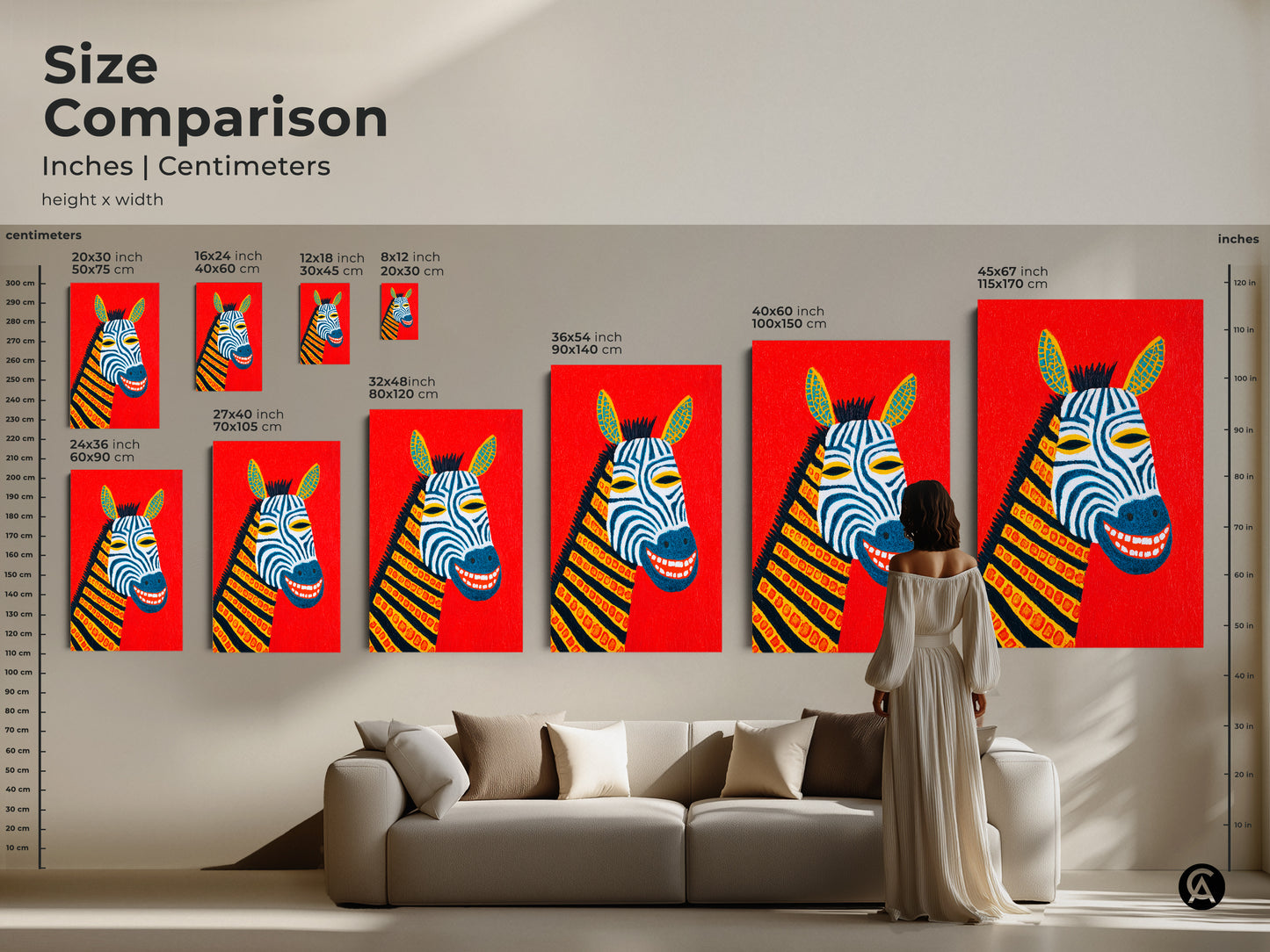 Size comparison of abstract zebra artwork. See how different sizes fit above a sofa. The playful animal subject in red and blue adds charm. Choose from various canvas and poster sizes. Folk art nursery print for a kids room or as a unique gift.