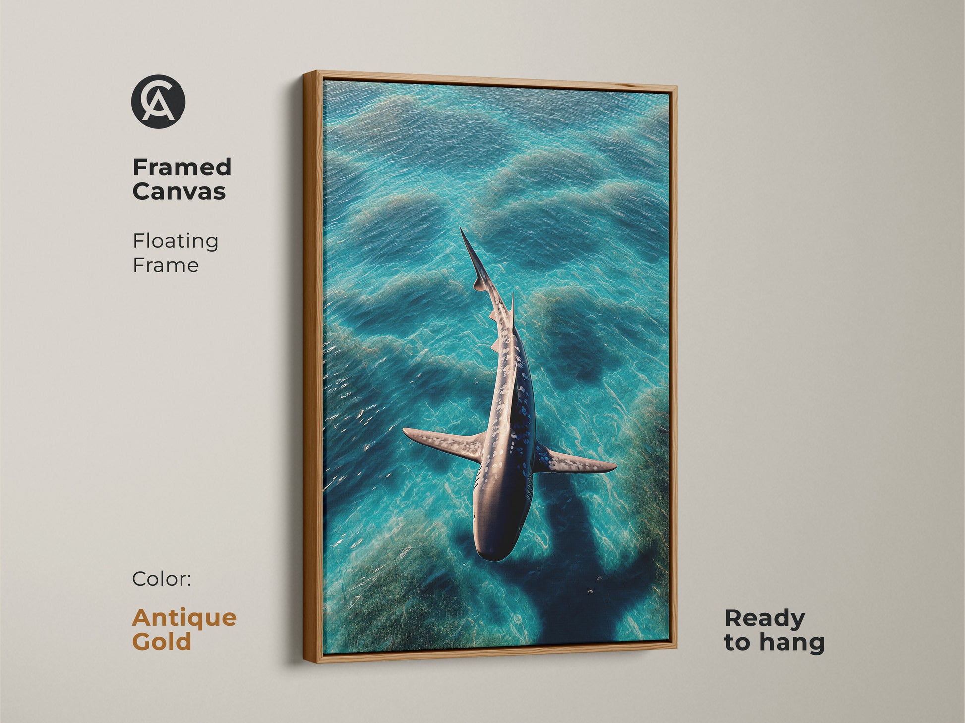 A framed canvas features a photorealistic shark in turquoise ocean waves. This aqua deep blue animal print has a floating antique gold frame. The contemporary coastal decor is ready to hang. A memorable housewarming shark artwork gift idea for ocean enthusiasts.