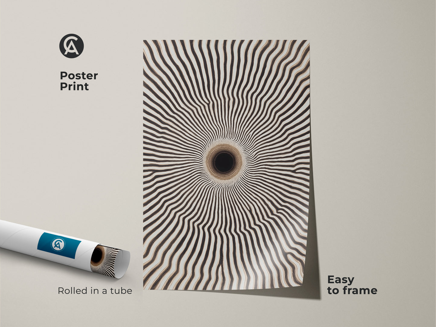 Poster print of minimalist vortex canvas art. The rolled abstract geometric tunnel art is easy to frame. This modern abstract art print features a black and white op art pattern.