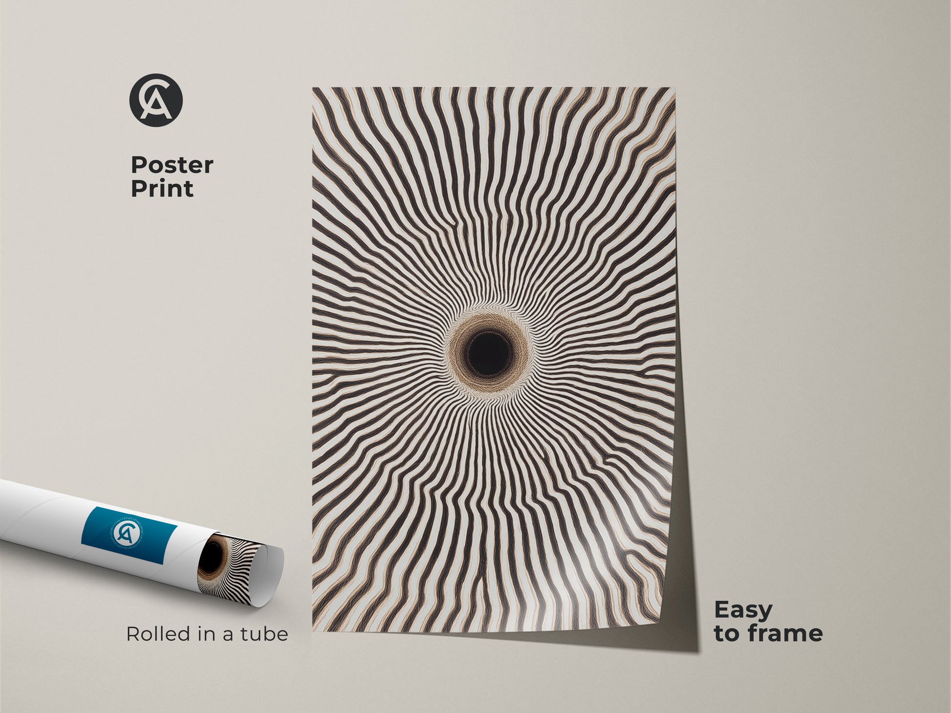 Poster print of minimalist vortex canvas art. The rolled abstract geometric tunnel art is easy to frame. This modern abstract art print features a black and white op art pattern.