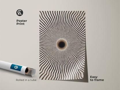 Poster print of minimalist vortex canvas art. The rolled abstract geometric tunnel art is easy to frame. This modern abstract art print features a black and white op art pattern.