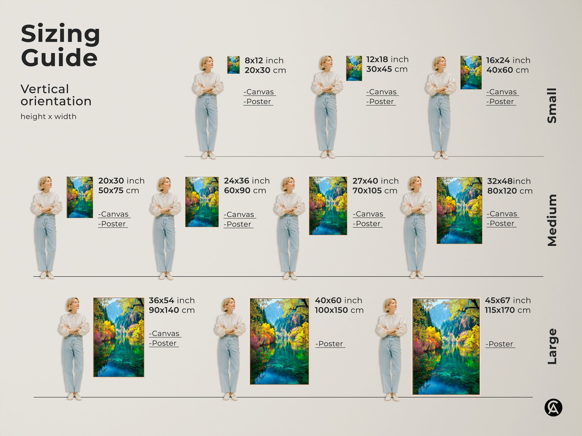 Find the perfect size for your space with our vertical sizing guide. Featuring the breathtaking Jiuzhaigou Valley choose from various dimensions for canvas or poster prints. Transform your home decor with stunning nature-inspired art. Shop today!