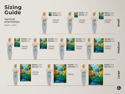 Find the perfect size for your space with our vertical sizing guide. Featuring the breathtaking Jiuzhaigou Valley choose from various dimensions for canvas or poster prints. Transform your home decor with stunning nature-inspired art. Shop today!
