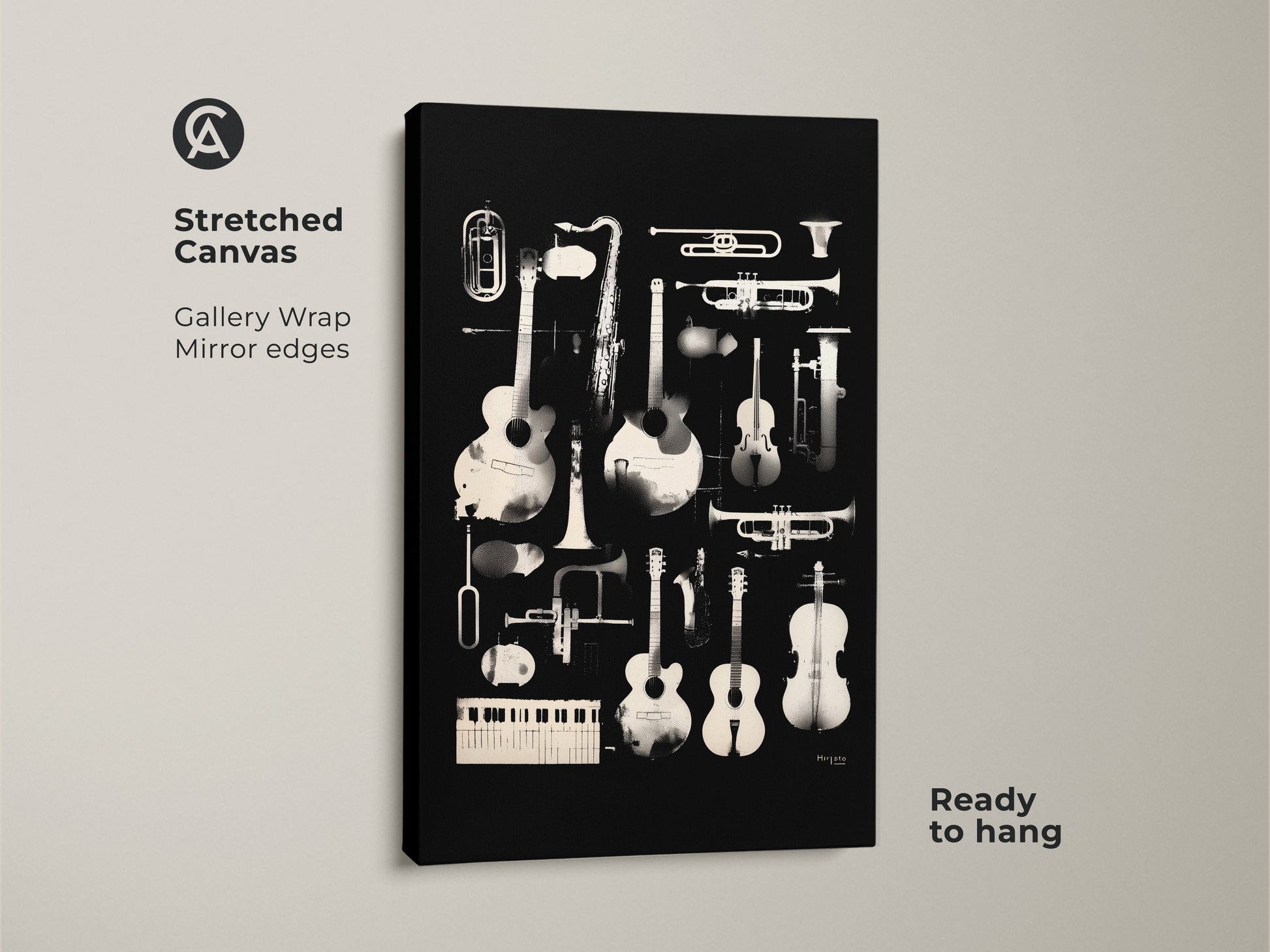 Stretched canvas art showcasing an array of musical instruments. Instruments like guitars saxophones and trumpets are displayed. This gallery-wrapped canvas is ready to hang adding a touch of musical inspiration to your living space