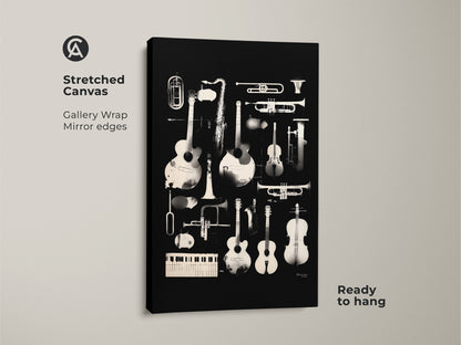 Stretched canvas art showcasing an array of musical instruments. Instruments like guitars saxophones and trumpets are displayed. This gallery-wrapped canvas is ready to hang adding a touch of musical inspiration to your living space
