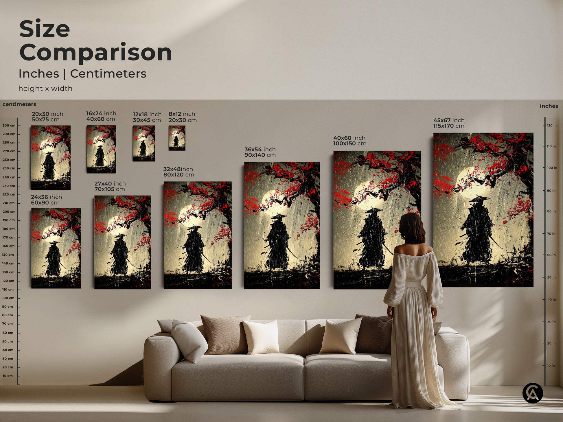 Size comparison of samurai warrior art prints in inches and centimeters. See how the Ukiyo-e painting fits above a sofa. Sizes range from 20x30 cm to 115x170 cm. The moonlit rain artwork enhances your home. This black red gray art adds style to your space. Perfect for warrior fans.