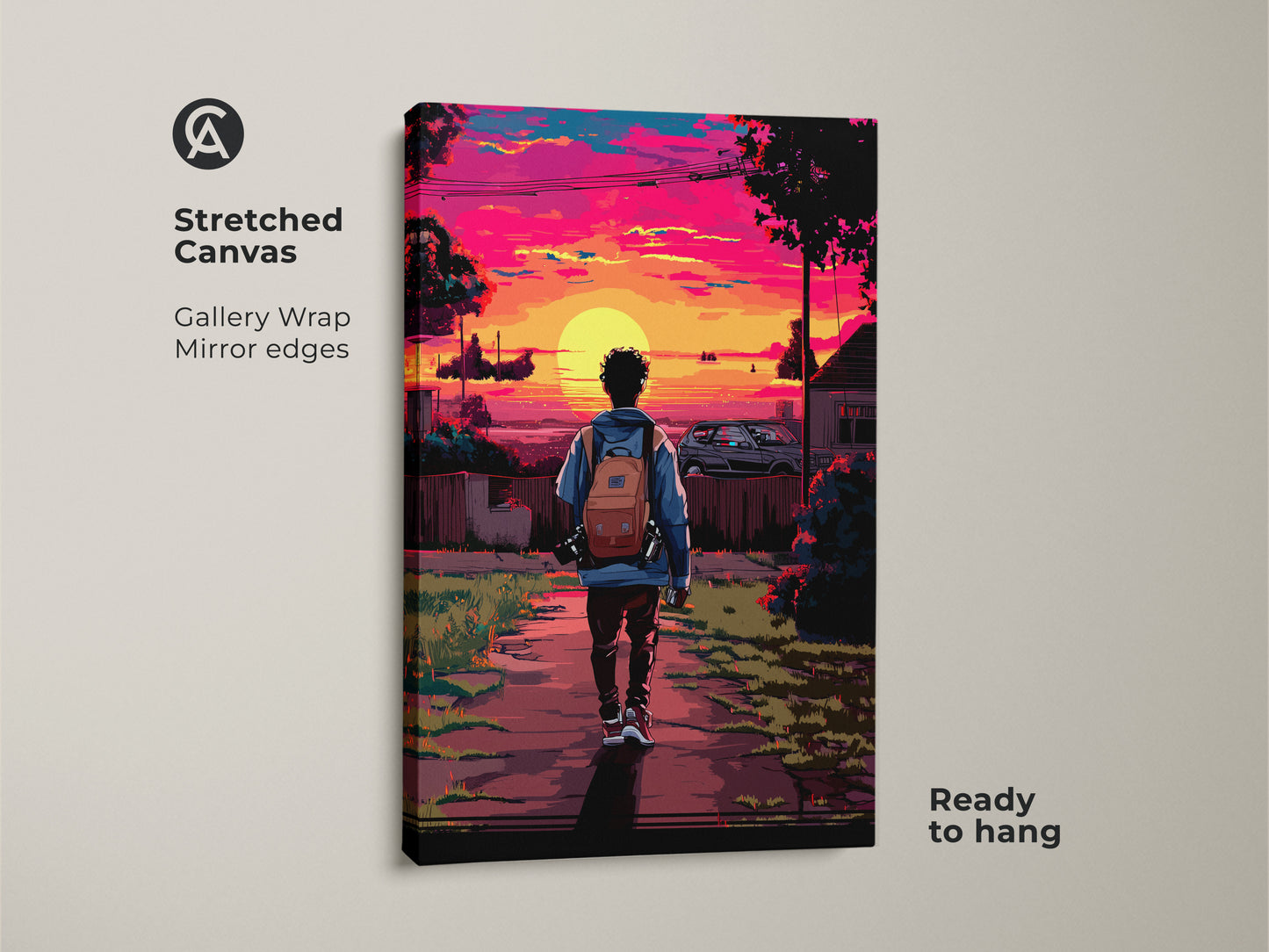 Stretched Canvas Pixel Art Urban Sunset Print. This retrofuturism canvas art features an urban sunset scene. A person with a backpack adds to the nostalgic feel. Ready to hang for unique wall decor.