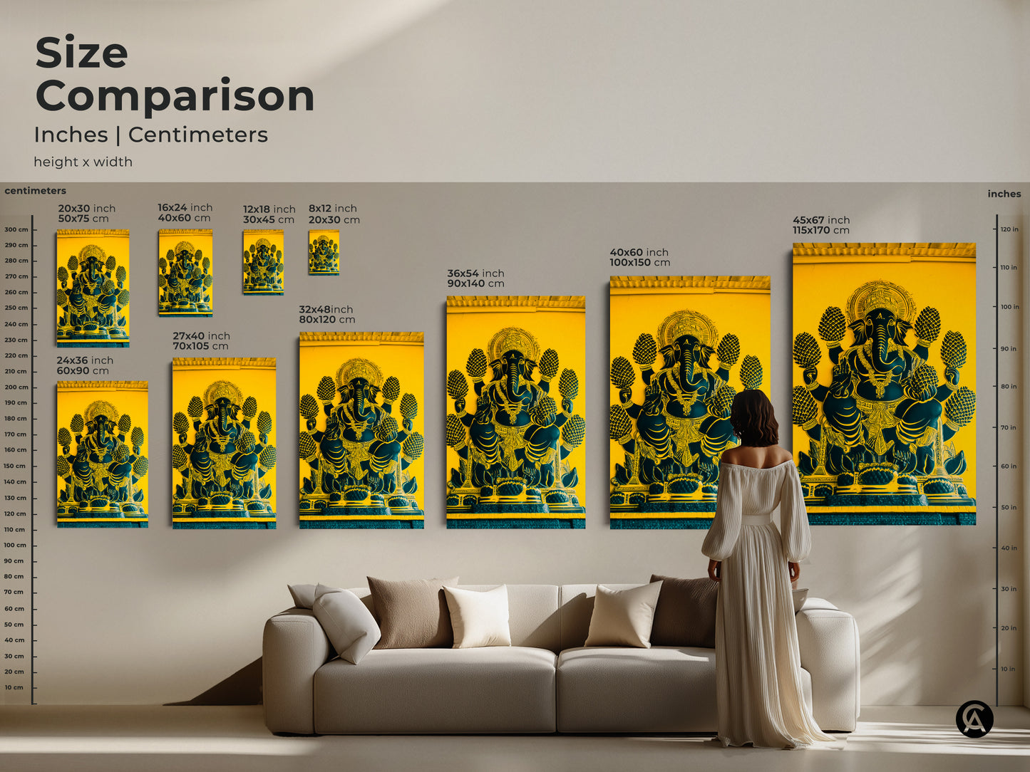Size comparison of Ganesha wall art. Includes a model and a couch for visual scale. Showcasing the canvas in different sizes from small to large. Perfect spiritual home decor and thoughtful housewarming gift. Get inspired today