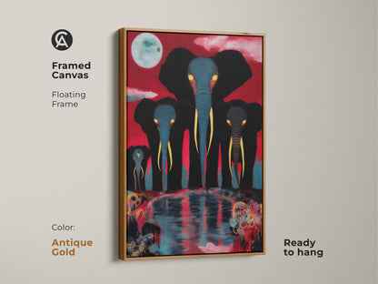 This framed canvas with an antique gold floating frame features a surreal elephant family artwork. The striking red and blue colors create an eclectic display. Enhance your decor with this unique piece.