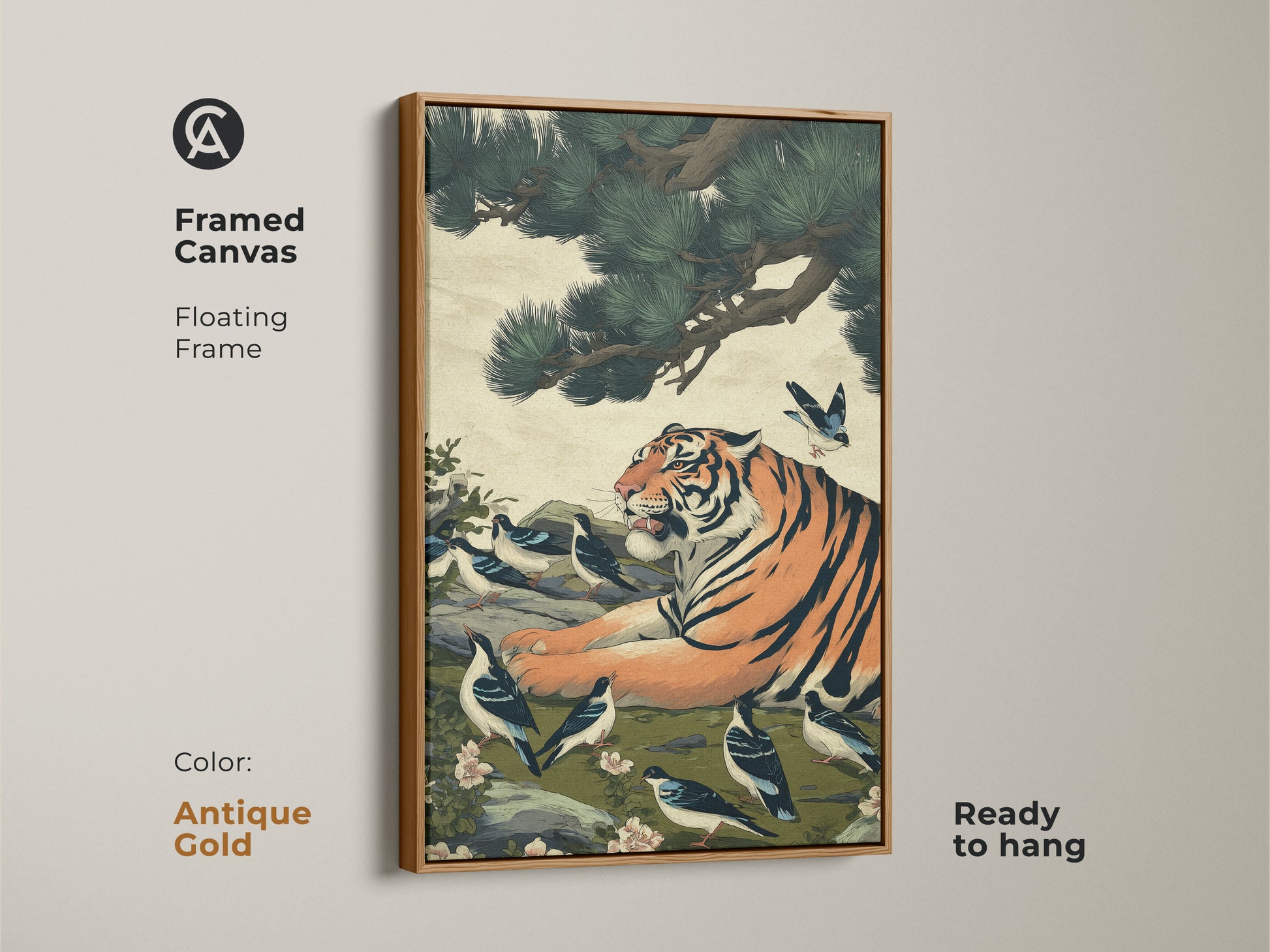 Antique gold framed canvas art featuring a tiger and birds. Ready to hang this traditional asian wall art is a unique piece. The orange green black artwork adds beauty to any home or office.