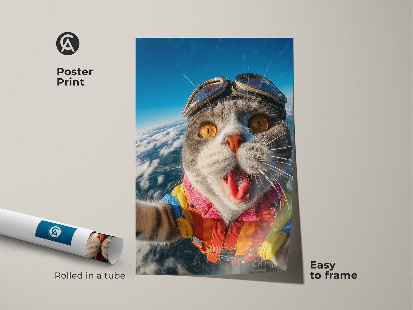 This poster print showcases a skydiving cat. The artwork is rolled in a tube and is easy to frame. The cat art adds a playful touch. A great gift for feline fans and adventure seekers.