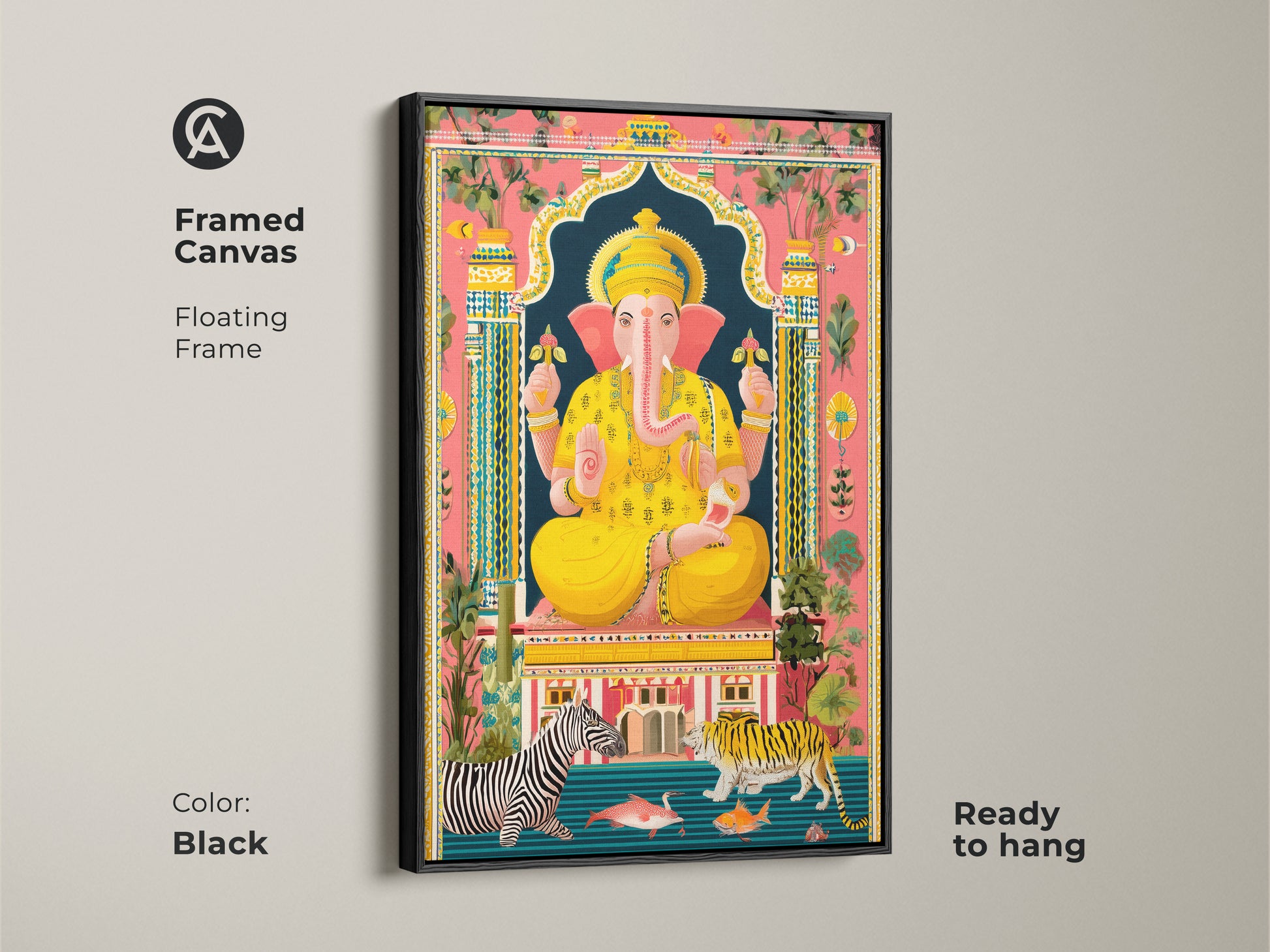 Framed Canvas with black floating frame Spiritual Ganesha. It features a blend of Boho Folk art style. The artwork incorporates elements like tigers zebras adding a worldly charm. Perfect as housewarming gift religious home decor