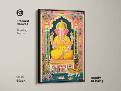Framed Canvas with black floating frame Spiritual Ganesha. It features a blend of Boho Folk art style. The artwork incorporates elements like tigers zebras adding a worldly charm. Perfect as housewarming gift religious home decor