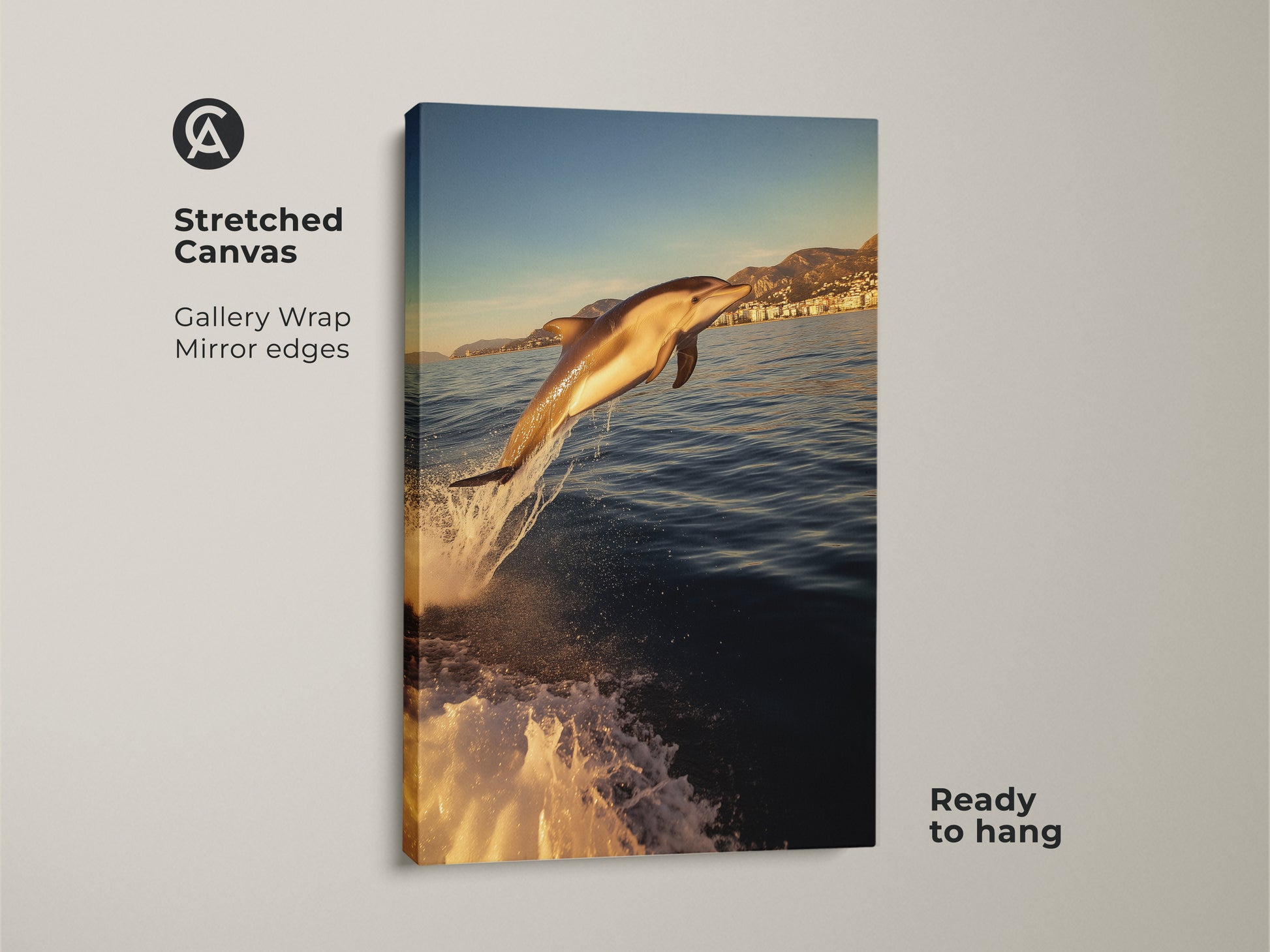 Stretched canvas art featuring a dolphin leaping from blue ocean waves. Gallery wrapped with mirrored edges and ready to hang. The photorealistic style captures a coastal home aesthetic. A perfect beach house wall decor gift. It adds the beauty of the sea to your space.