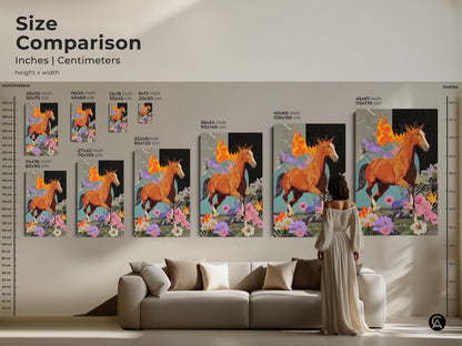 Compare sizes of this surreal horse artwork in inches and centimeters. Visualize how the eclectic collage art transforms different spaces. See the artwork above a couch to get a sense of scale. This orange brown and teal artwork can be the perfect focal point for any room.