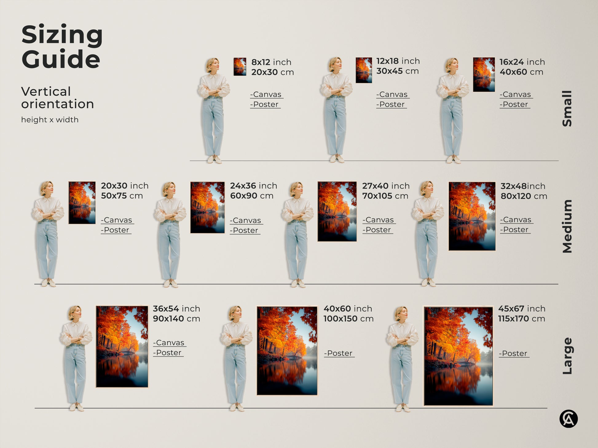 Find the perfect size for your autumn landscape artwork. Our sizing guide helps you visualize the art in various dimensions. Choose from small medium and large sizes. Available as canvas or poster prints. Enhance your space with this stunning piece of nature-inspired art.