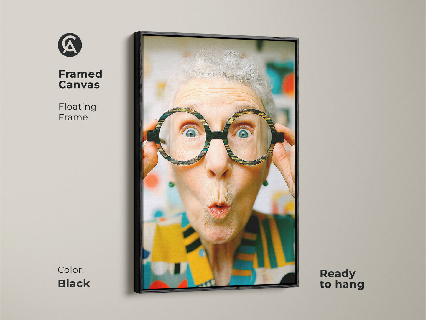 Framed canvas art with a floating frame in black. Features a woman with oversized glasses. This ready-to-hang piece adds a touch of humor and charm to your space. 