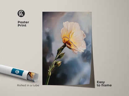 Poster print featuring cream and yellow floral buds. This impressionistic botanical artwork is easy to frame. Ideal for adding a soft painterly touch to a living room. This contemporary nature inspired art print is perfect for plant enthusiasts.