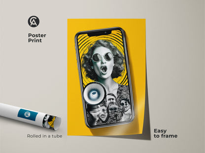 Museum-quality rolled poster print of a woman with a megaphone. The print features abstract faces artwork. This yellow collage art is easy to frame. It's a graphic style print. This black white yellow art is bold statement art.