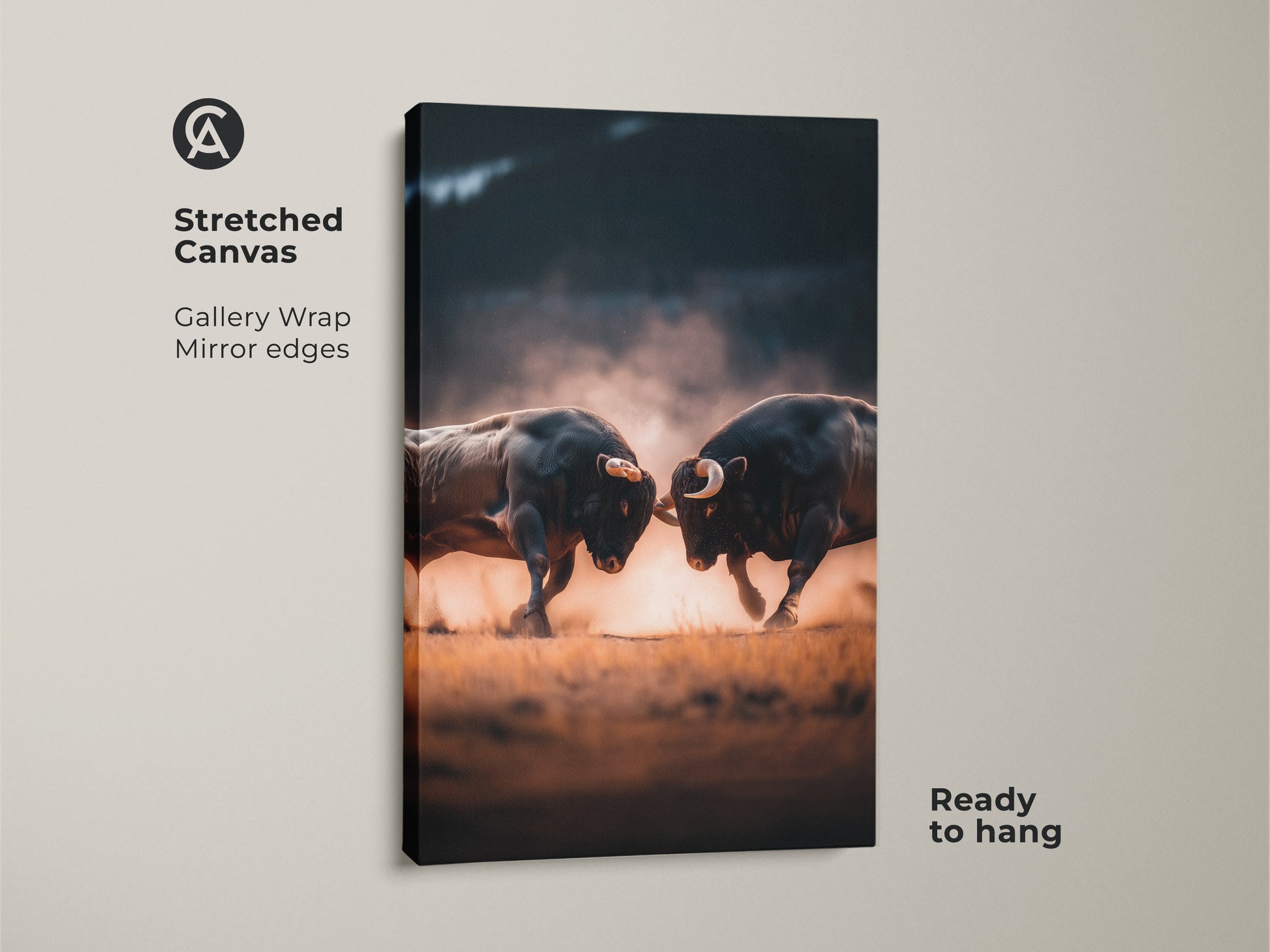 Stretched canvas art depicting two bulls in a fierce clash. Gallery wrapped with mirrored edges it offers a modern touch. Ready to hang this art adds intensity to your decor. Explore our stretched canvas prints.