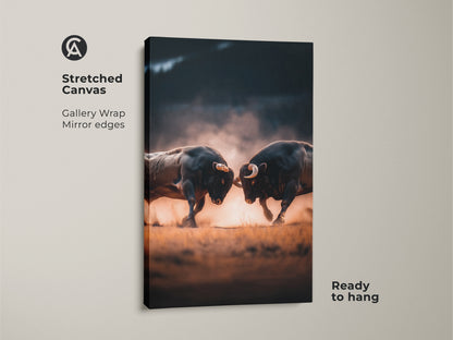 Stretched canvas art depicting two bulls in a fierce clash. Gallery wrapped with mirrored edges it offers a modern touch. Ready to hang this art adds intensity to your decor. Explore our stretched canvas prints.